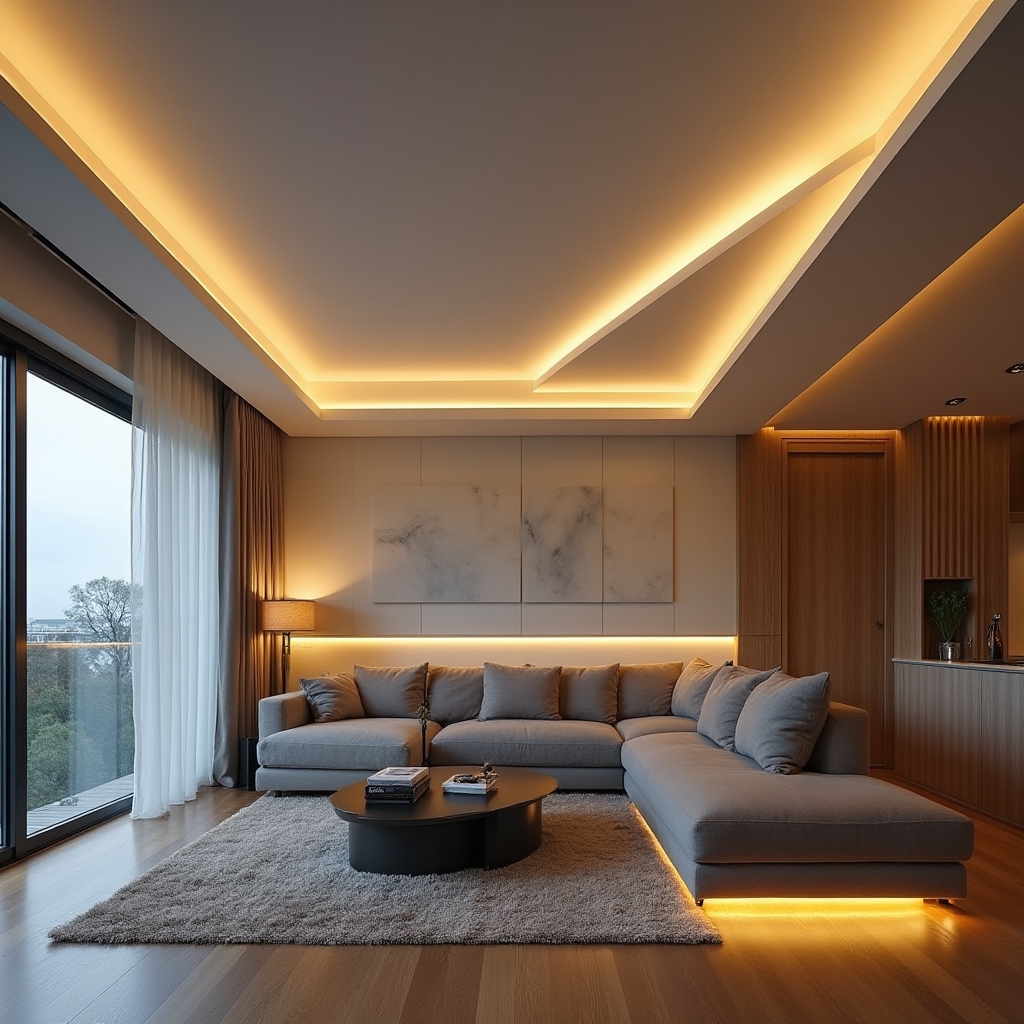 Apartament living cu tavan fals rigips iluminat indirect și nișe decorative